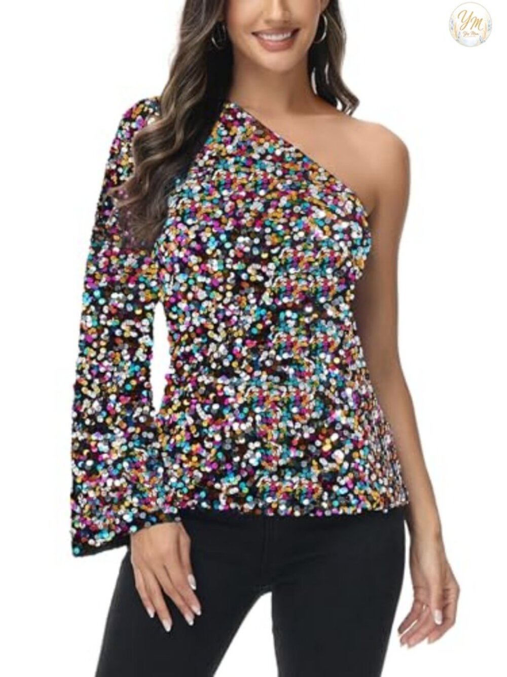 Sparkly Sequin One Shoulder Party Top Long Sleeve Fitted Blouse